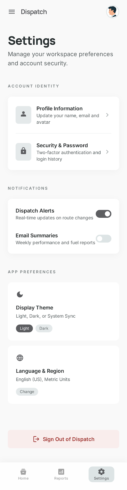 TRUKOPS settings screen with account identity and preferences